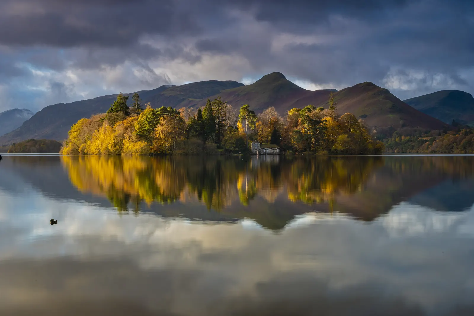 Catbells under dark cloud, reflected with a wooded island in a still Derwentwater