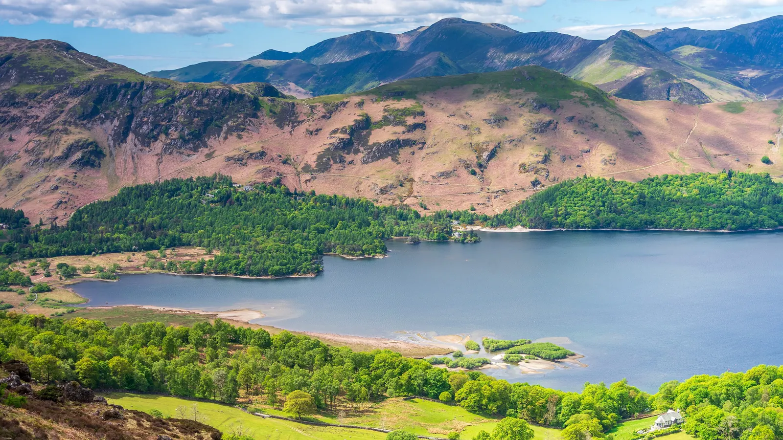 Derwentwater with the Catbells ridge rising behind its far shore, seen from Walla Crag