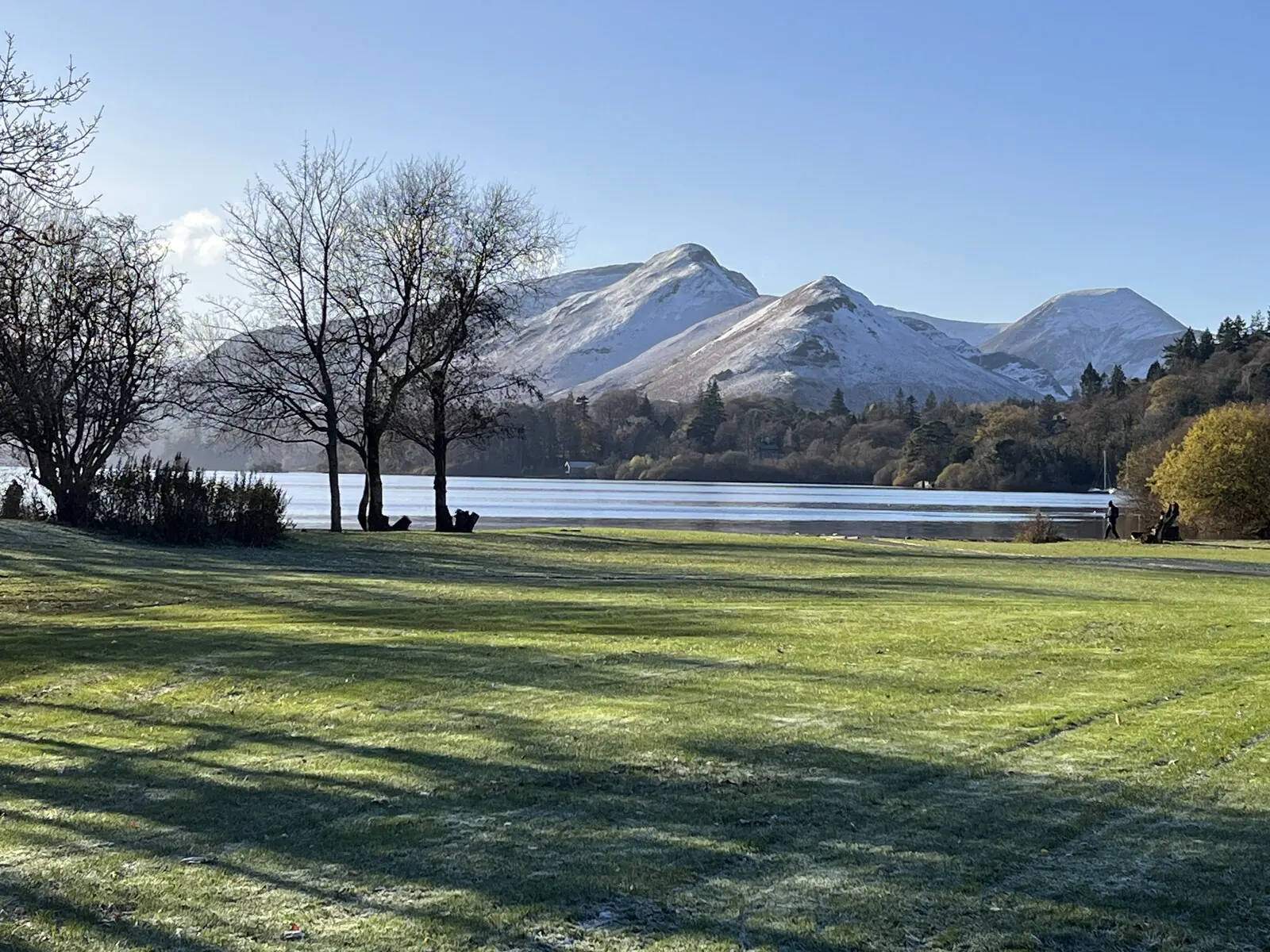Catbells with a covering of snow, seen across Derwentwater from a frosty lakeside field